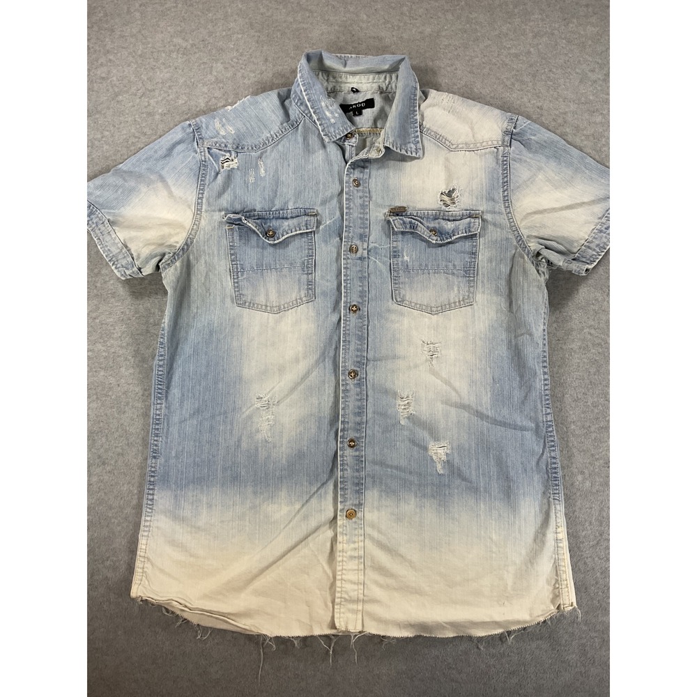 AKOO Mens Distressed Bleached Denim Short Sleeve Shirt Light Wash Large 2493